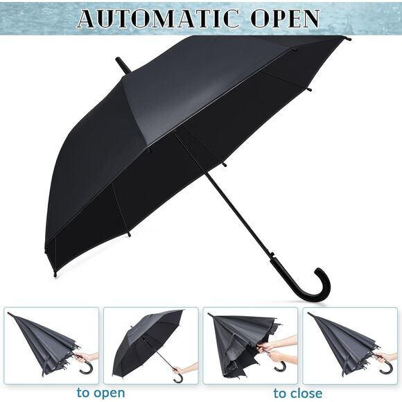 Black J Handle Easy Open Umbrella - Picture 1 of 4